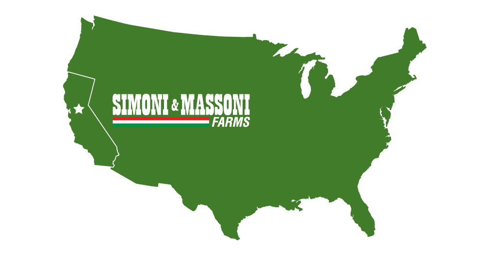 USA map graphic showing Simoni & Massoni Farms HQ location in Bryon California